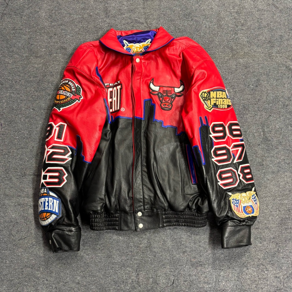 1998 Jeff Hamilton Chicago Bulls NBA 3 Peat Championship Leather Jacket Size XL - Picture 2 of 13